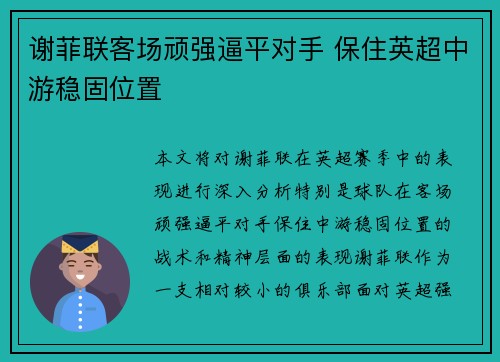 谢菲联客场顽强逼平对手 保住英超中游稳固位置